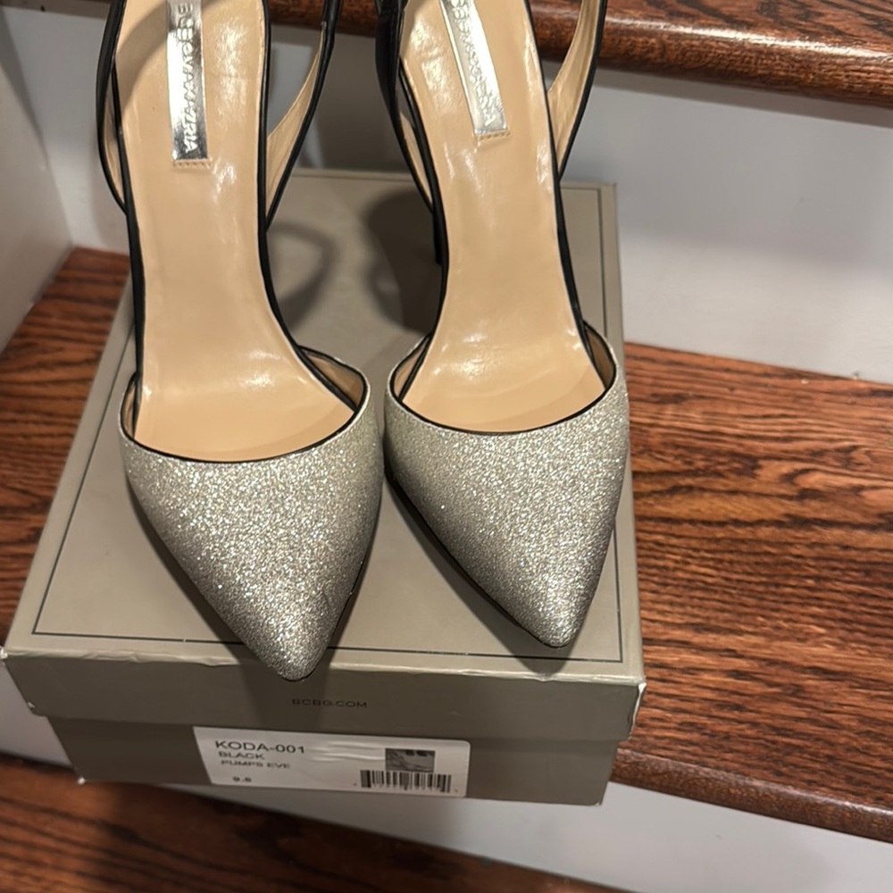 BCBGMaxAzria Silver Shimmer Heels with Slingback